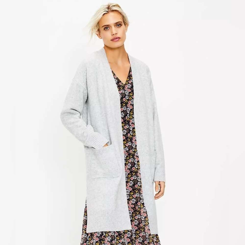 Loft Long Duster Coatigan NWT Open Front Pockets Rainbow Speckled Gray Size M